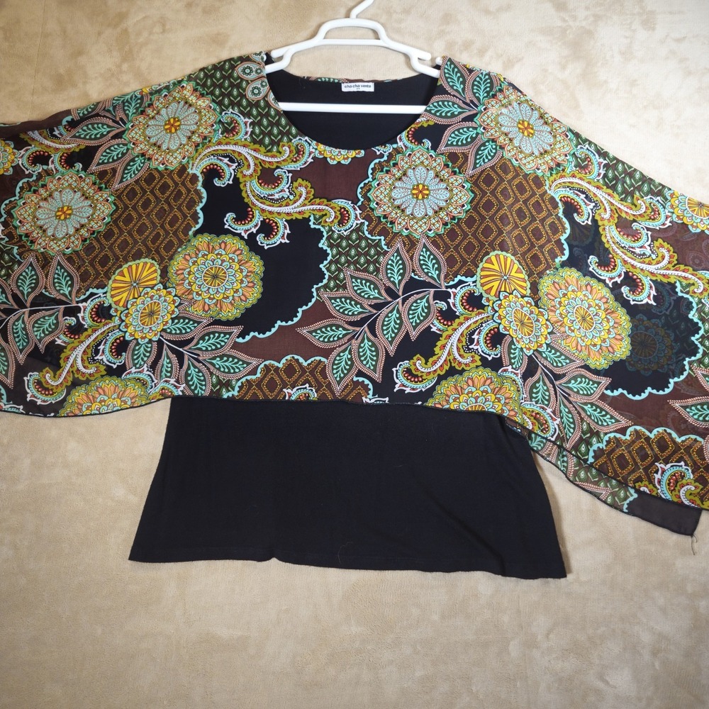 Cha Cha Vente Womens 2X Black Paisley Floral Chiffon Layered Poncho Tank Top